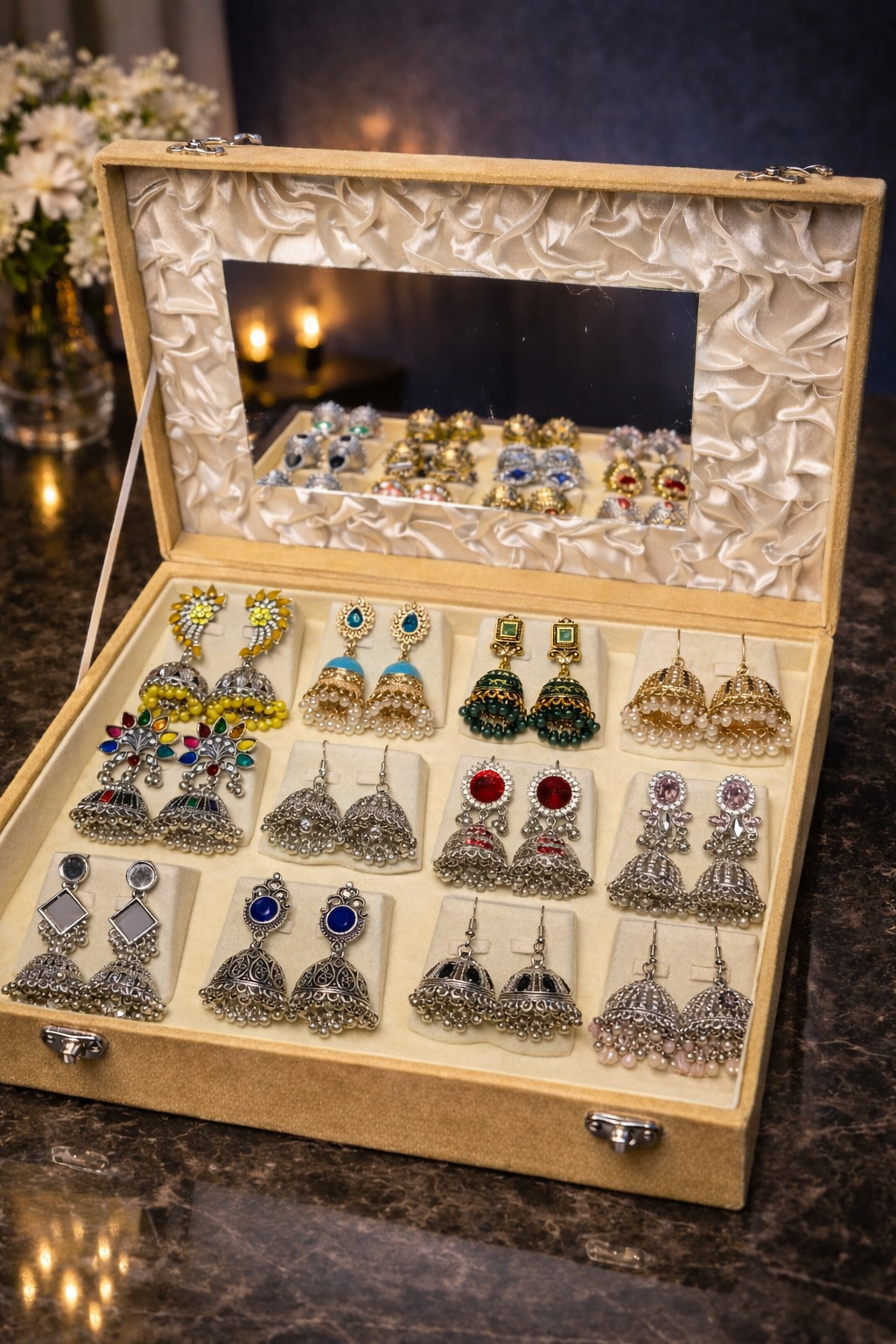 Premium Set Of 12 Oxidized Designer Earrings With Folding Mirror Jewelry Box