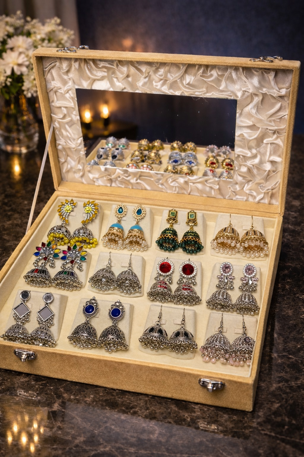 Premium Set Of 12 Oxidized Designer Earrings With Folding Mirror Jewelry Box