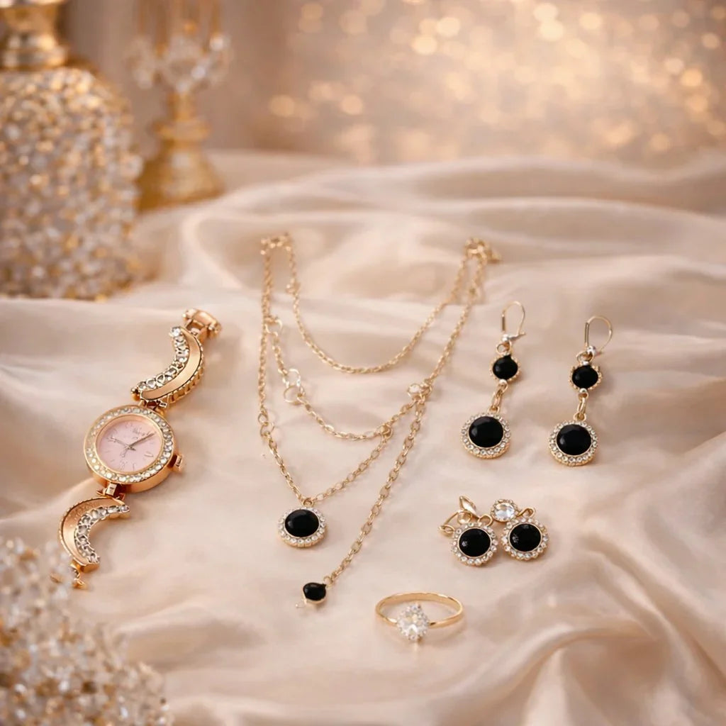 Elegant Gold & Black Jewelry Set with Watch – Luxury Gift Box for Women