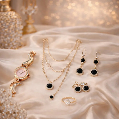 Elegant Gold & Black Jewelry Set with Watch – Luxury Gift Box for Women