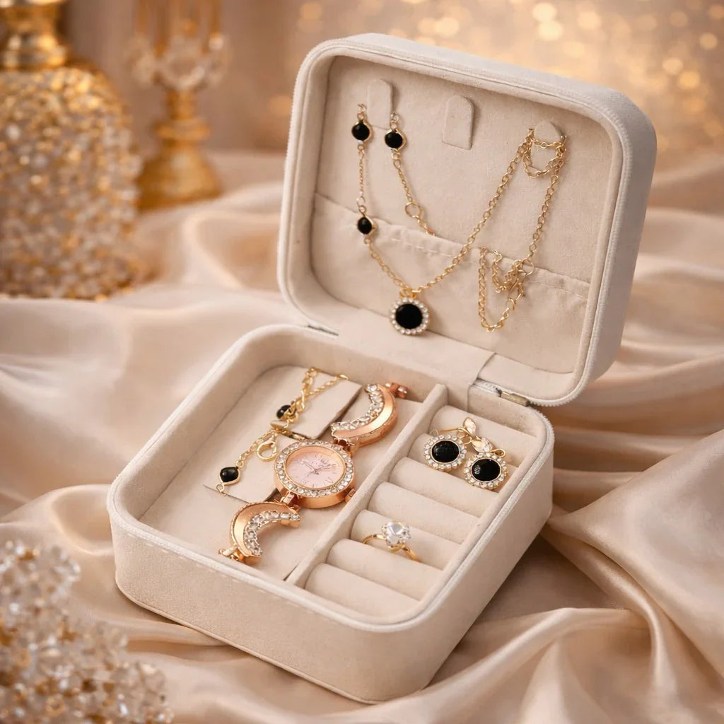 Elegant Gold & Black Jewelry Set with Watch – Luxury Gift Box for Women