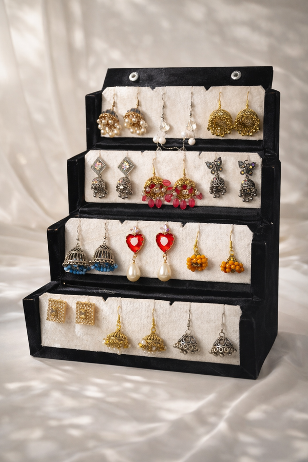 Set Of 12 Oxidized Designer Stud Earrings With Folding Jewelry Box